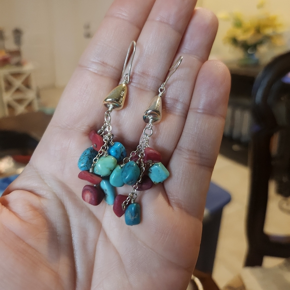 Turquoise and coral dangle drop earrings sterling silver Hallmarked 925 FAS